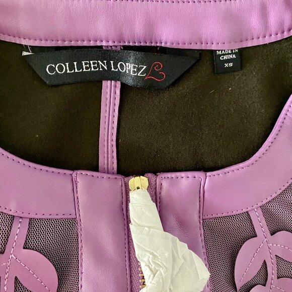 Colleen Lopez Purple Mesh Jacket Leaf Pattern and Faux Leather Women's XS NEW - Picture 11 of 13